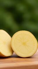 Closeup of Two Halved Yellow Potatoes on Wooden Board Against a Green Background