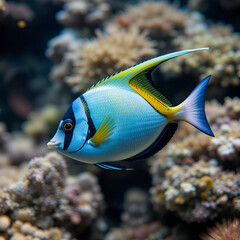 Fototapeta premium a surgeonfish with its distinctive scalpel-like tail, gliding effortlessly in clear tropical waters