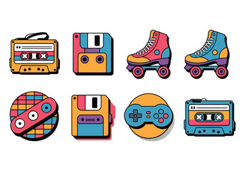 Colorful retro 80s and 90s icons set cassette tape, floppy disk, roller skates, gamepad © zagrapic540