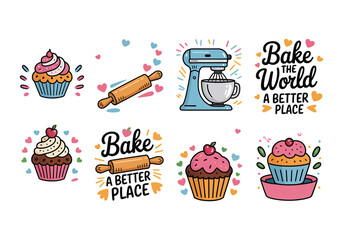 Cute baking clipart set cupcakes, mixer, rolling pin, baking quotes and hearts vector collection