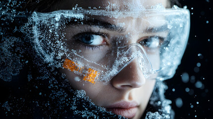 A woman wearing futuristic icy goggles. Suggests environmental control or scientific exploration. A compelling image for science fiction or tech-related themes.
