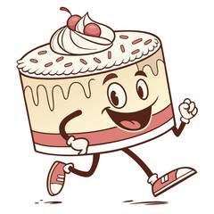 Cartoon Running Cake Character with Fun Expression Representing Sweet Treats and Desserts