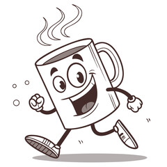 Cartoon Running Coffee Mug Character with Fun Expression Representing Coffee and Energy