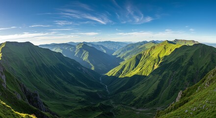 Fototapeta premium Serene Mountain Valley: Lush Green Landscape Panorama