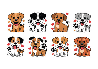 Cute cartoon puppy vector set smiling dogs with hearts, paw prints, and playful poses on white