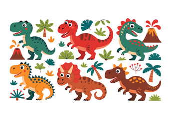 Naklejka premium Cute cartoon dinosaur vector set colorful prehistoric reptiles with volcanoes, trees, and plants