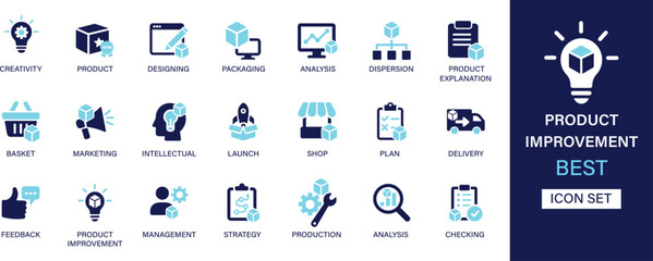 Product improvement icon set collection. Creativity, designing, packaging, analysis, dispersion, product explanation, basket, marketing, intellectual and best solid icon set.
