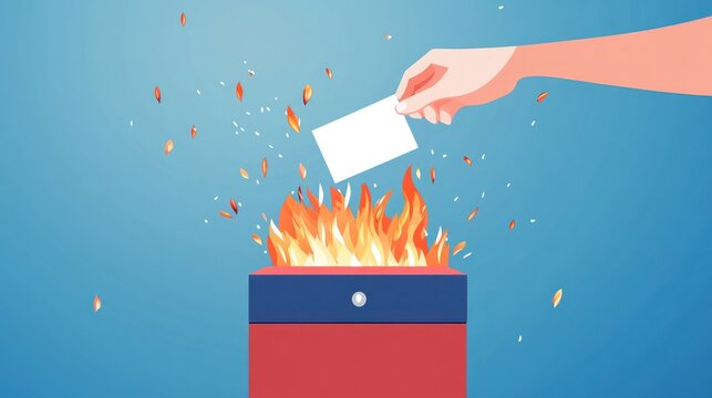 Ballot burning in a fiery box. A hand drops a blank ballot into a burning box, sending sparks outward