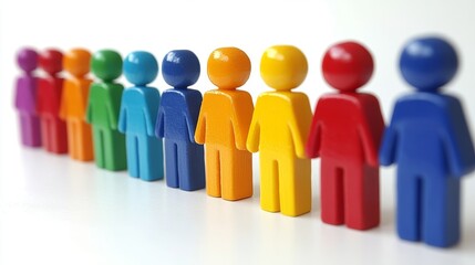 Colorful human miniature figures in a straight line formation.