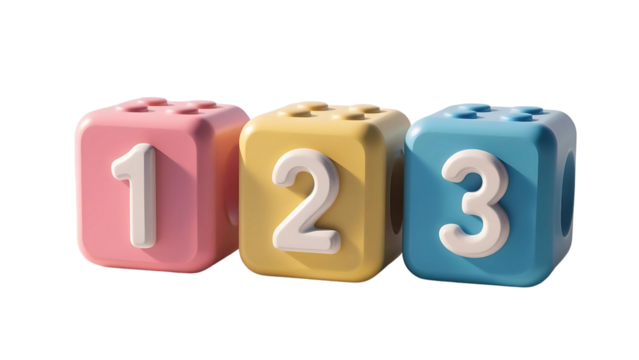 Colorful Number Blocks for Kids Learning, 3D toy cubes with numbers 1 2 3 in pastel colors on white background