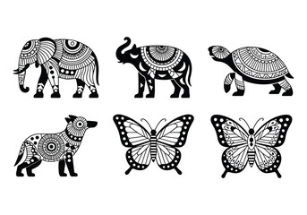 Animal mandala silhouette vector set elephants, butterflies, turtle, and dog with intricate patterns
