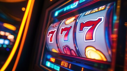 Gambling machine displaying three sevens indicating winning combination in casino