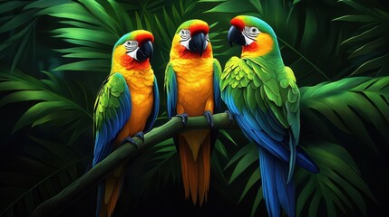 Obraz premium Vibrant tropical parrots in a pixelated jungle display, showcasing exotic wildlife and unique digital artistry within a lush environment and bright colors