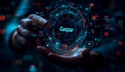 A businessman holding a virtual hologram icon of zero-trust security with the text Gaspar and different icons around it on a dark blue background