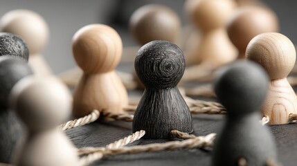 Group of wooden pegs representing composed stakeholder map with calm complexity for effective organizational planning