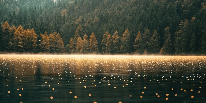Serene lake reflecting golden sunlight through trees