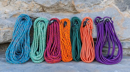 Colorful climbing ropes neatly arranged against a rock wall.