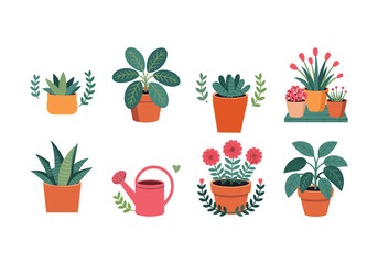 Potted plant vector set indoor houseplants, succulents, flowers, and watering can in flat design