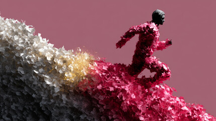 Silhouette of person running across colorful abstract mountain landscape with vibrant red and pink tones against dusky background, artistic minimalist digital illustration