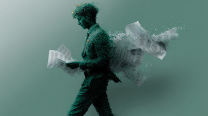 Silhouette of person in motion with flowing paper or documents against teal background, conceptual business image representing workflow, paperwork, administration, bureaucracy, office life