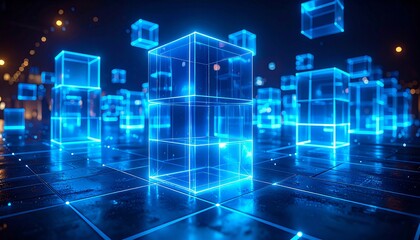 Obraz premium Illuminating Blue Blocks Futuristic Cityscape At Night