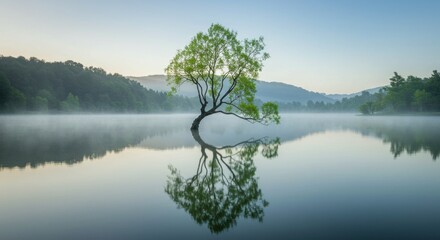 a single weeping willow tree with drooping branches, standing by a quiet lake, reflection in the still water