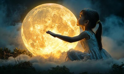A young girl in a white dress reaches out to a glowing moon amidst a mystical foggy landscape