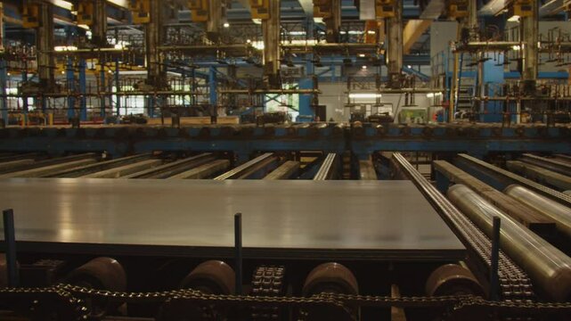 Close up of steel plate being transported on automated roller bench in a large factory