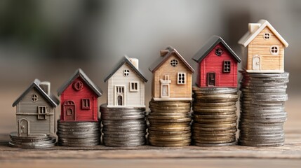 A row of colorful houses perched impressive on a pile of gleaming coins representing wealth accumulation concepts