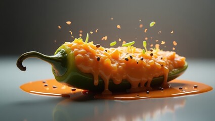 JalapeO Popper. Close-up of vibrant green chili pepper stuffed with melted cheese and spices, dripping sauce on reflective surface, perfect for spicy food recipes, cooking blogs, and gourmet meal pre