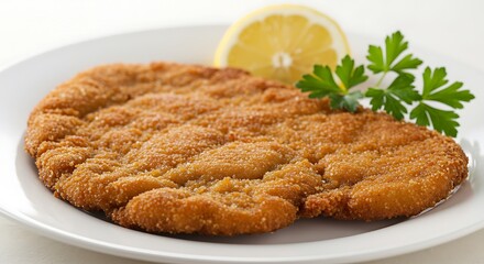 A crispy breaded veal cutlet (Wiener Schnitzel) with golden-brown crust, lemon wedge, and parsley garnish. Shot on a white plate with shallow depth of field.