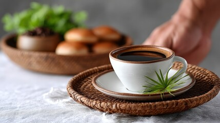 Cozy Coffee Break  Asian Woman Serving Coffee  Bread  Wicker Tray