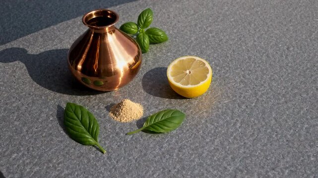 Flat lay of Ayurvedic detox elements including triphala powder lemon copper vessel and basil on a stone surface in soft light representing natural body cleansing