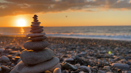 Mobile photo. Ocean view. Stone small rock tower on pebble beach. Setting sun at sunset, waves,...