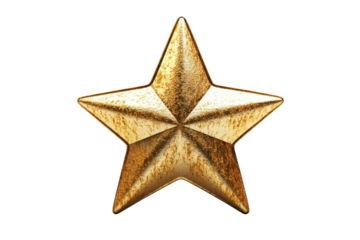 Digitally rendered, golden star graphic with a textured surface, against a dark background.