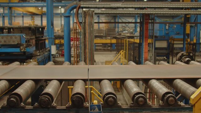 Wide view of long steel plates rolling over an automated roller bench in a large factory