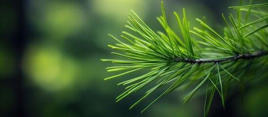 Captivating close-up of vibrant green pine needles against a blurred forest backdrop