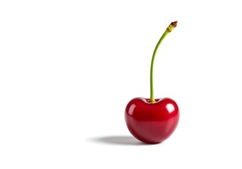 Single red cherry with a green stem isolated on a white background studio shot close up and bright lighting