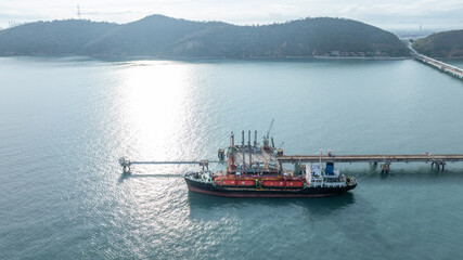 Aerial view LPG gas tanker ship on deep blue sea, Global business freight shipping import export...