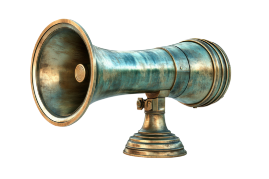 Detailed, artistic rendering of a vintage brass megaphone.  A powerful sound projection system design is captured.