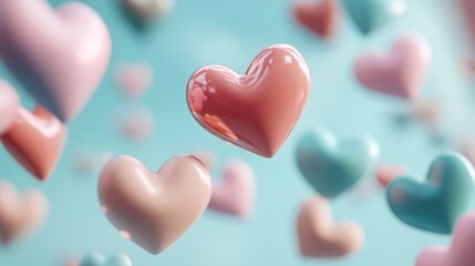 Obraz premium Floating pastel hearts in soft focus. Many hearts of various shades of pink, pale blue, and light peach hover in the air against a light teal background. 3D render