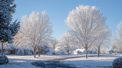 Fototapeta premium Snowy winter scene of frost-covered trees in a residential neighborhood.