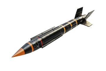 Naklejka premium Highly detailed, three-dimensional rendering of a guided missile, presented against a black backdrop. The missile is oriented at an angle and highlights a variety of colors and design elements.