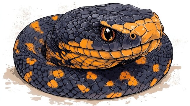Vector illustration of a fat black and orange adder curled up reptile drawing with intricate pattern close up wildlife art poisonous viper