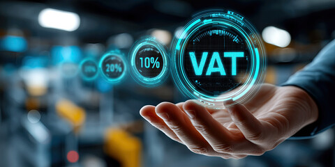 VAT and percentage finance holographic concept with digital interface and hand in modern office