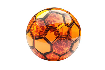 Fototapeta premium Three-dimensional illustration of a soccer ball, showcasing a vibrant orange design with a hexagonal pattern, resembling fire or flames. The ball is glossy and isolated against a black backdrop.