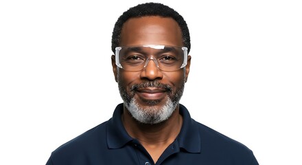 Fototapeta premium Close-up portrait of a smiling black man wearing safety glasses on white.
