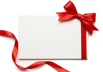 Empty gift card with a red satin bow and flowing ribbon