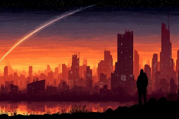 Cityscape Sunset Shooting Star Over Metropolis.