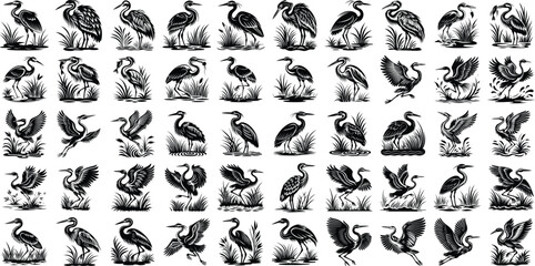 Collection of Heron Bird Silhouettes, Black and White Vector Set,bird silhouette collection, heron artwork, vector heron